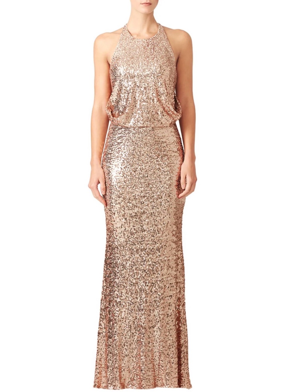 Badgley Mischka Blush Maria Sequin Halter Gown Rose Gold Pink‎ Size 10